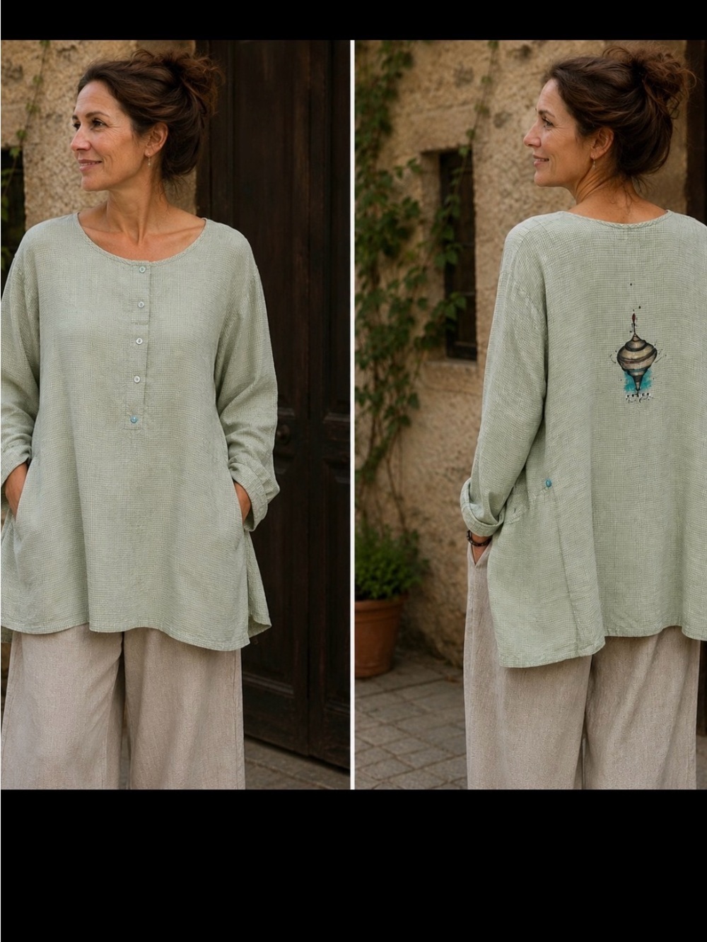Hand Painted Irene Pearlman 100% Linen Tunic Top M Sage Green Art to Wear